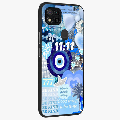 Aesthetic Be Kind Eye Glass Case upright view showcasing stylish eye illustration with positive message theme.