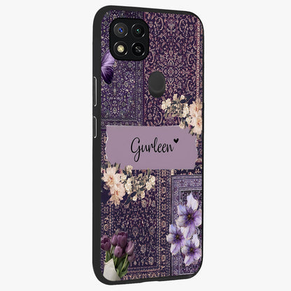 Antique Floral Whisper Custom Name Glass Case upright view showcasing delicate floral artwork with custom name feature.