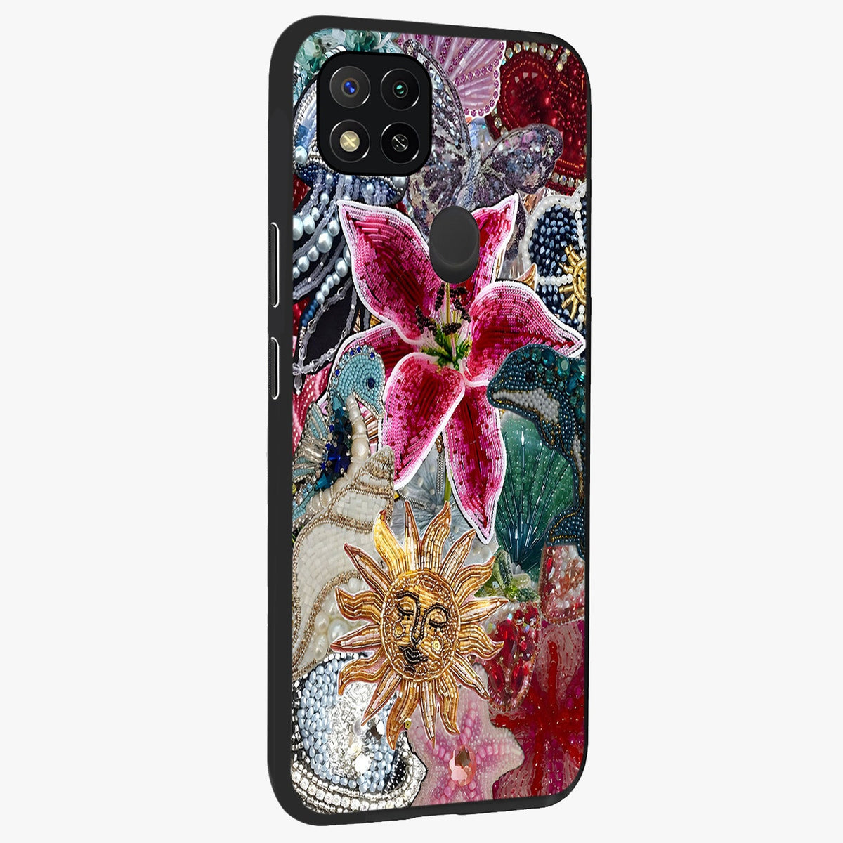 Beaded Garden Fantasy Glass Case upright view showcasing whimsical garden aesthetic with artistic bead details.