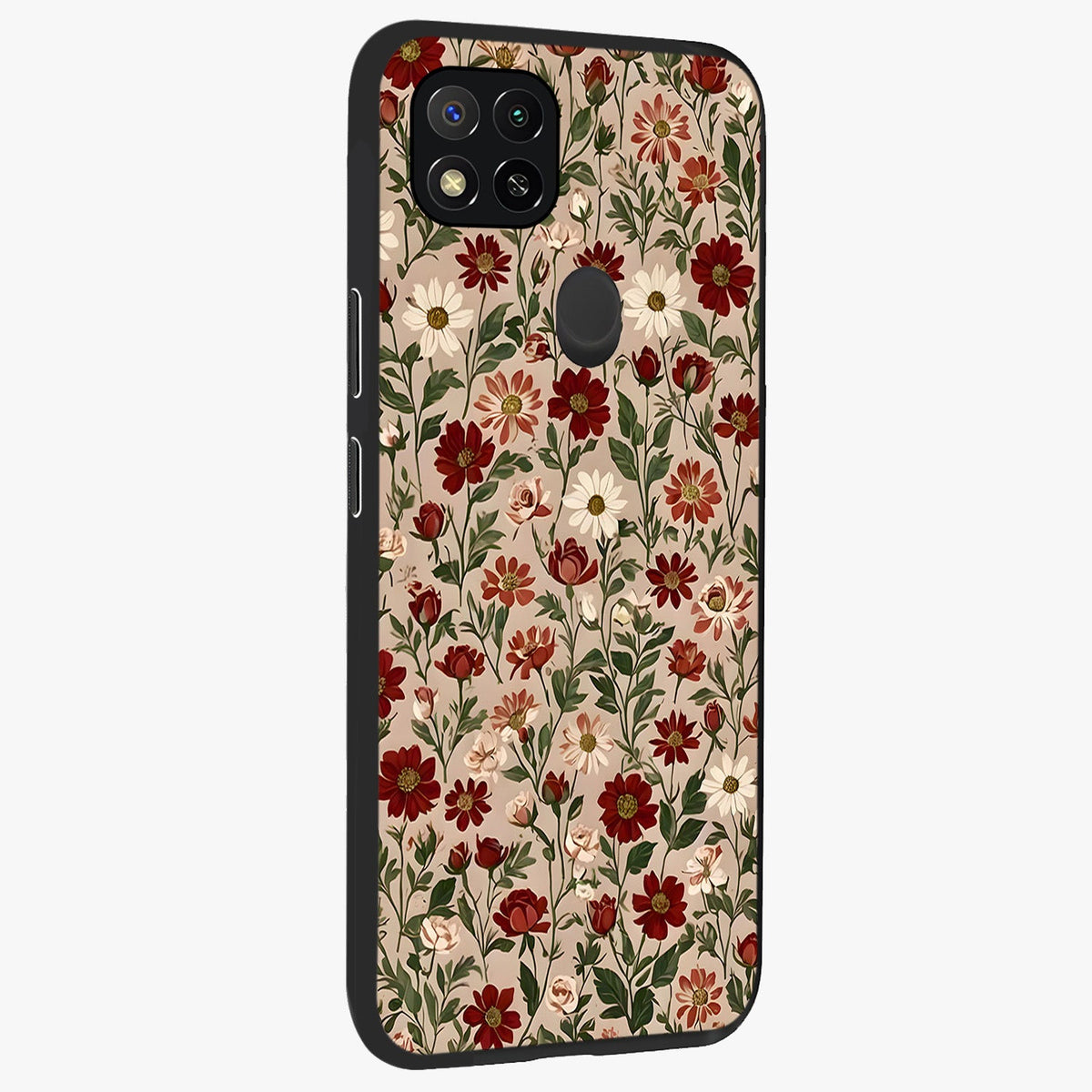 Biege Flower With Leaf Glass Case upright view showcasing delicate beige flower illustration with clean botanical style.
