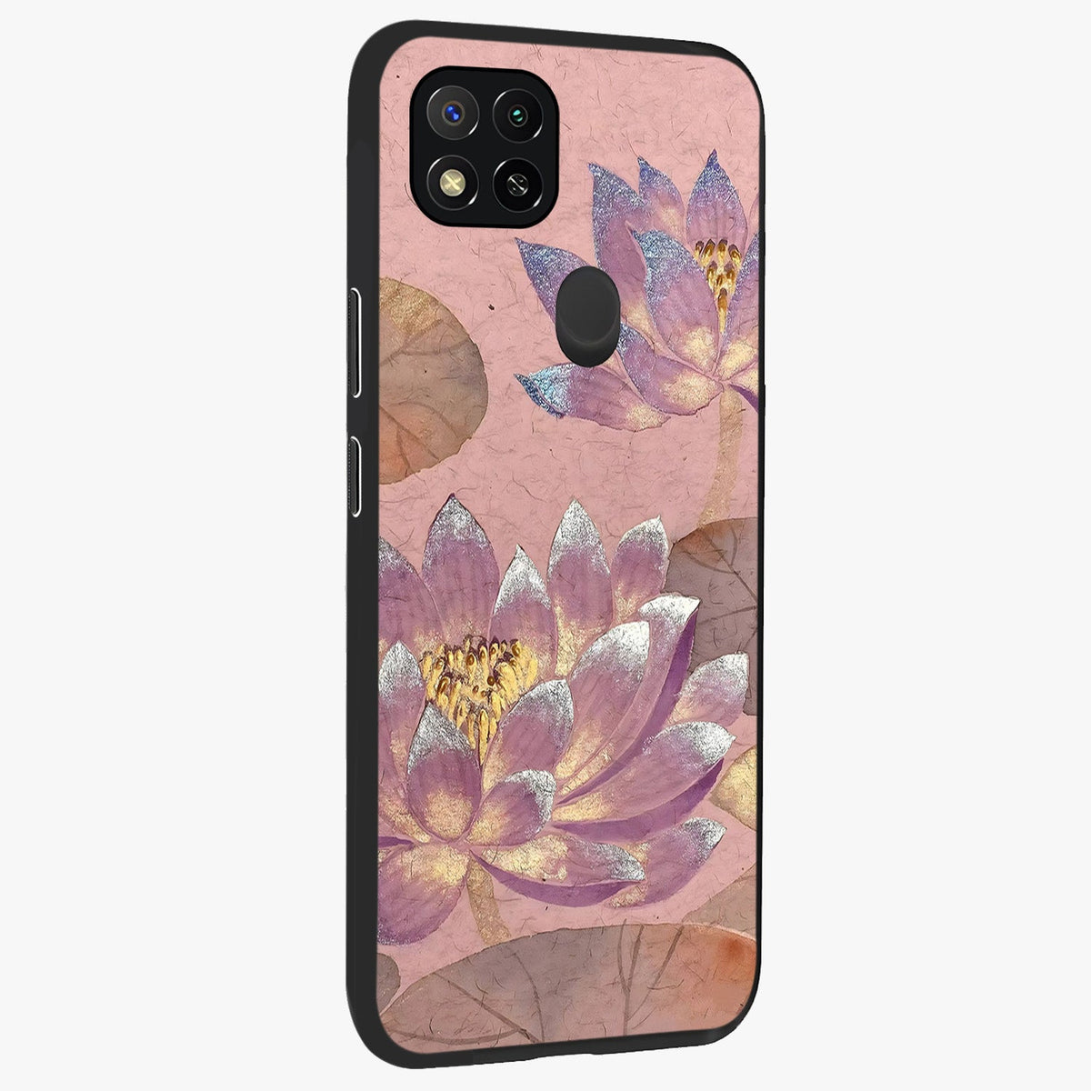 Blossom Mist Lotus Glass Case upright view showcasing graceful lotus flower design with peaceful botanical style.