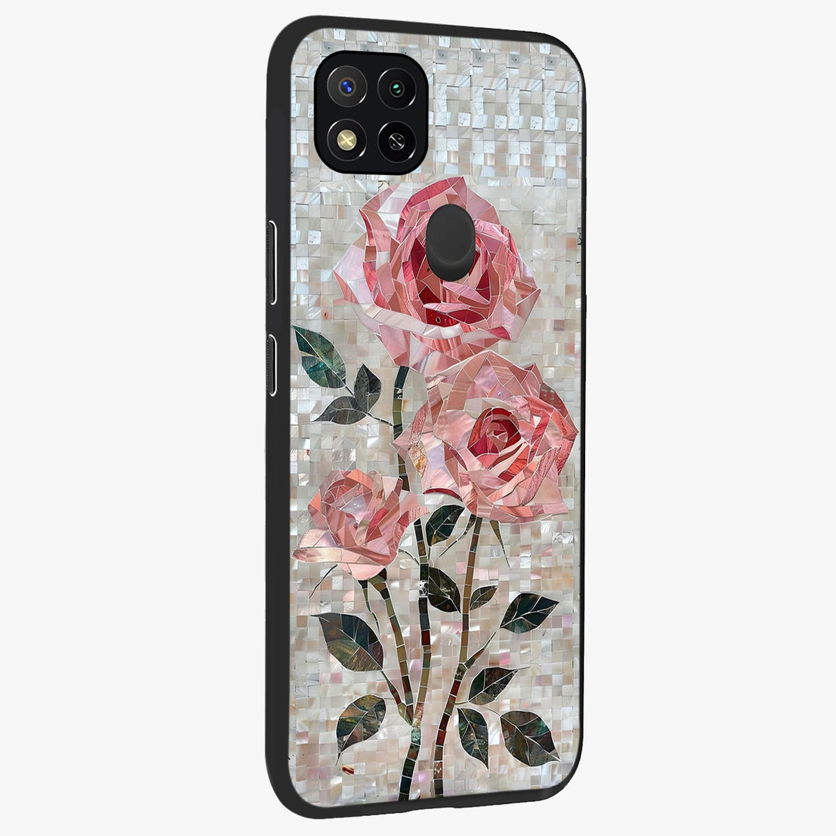 Blush Mosaic Bloom Glass Case upright view showcasing decorative floral mosaic artwork with stylish modern aesthetic.