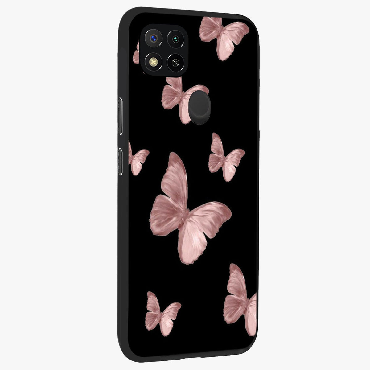 Butterfly Pattern Glass Case upright view showcasing graceful butterfly artwork with soft decorative theme.