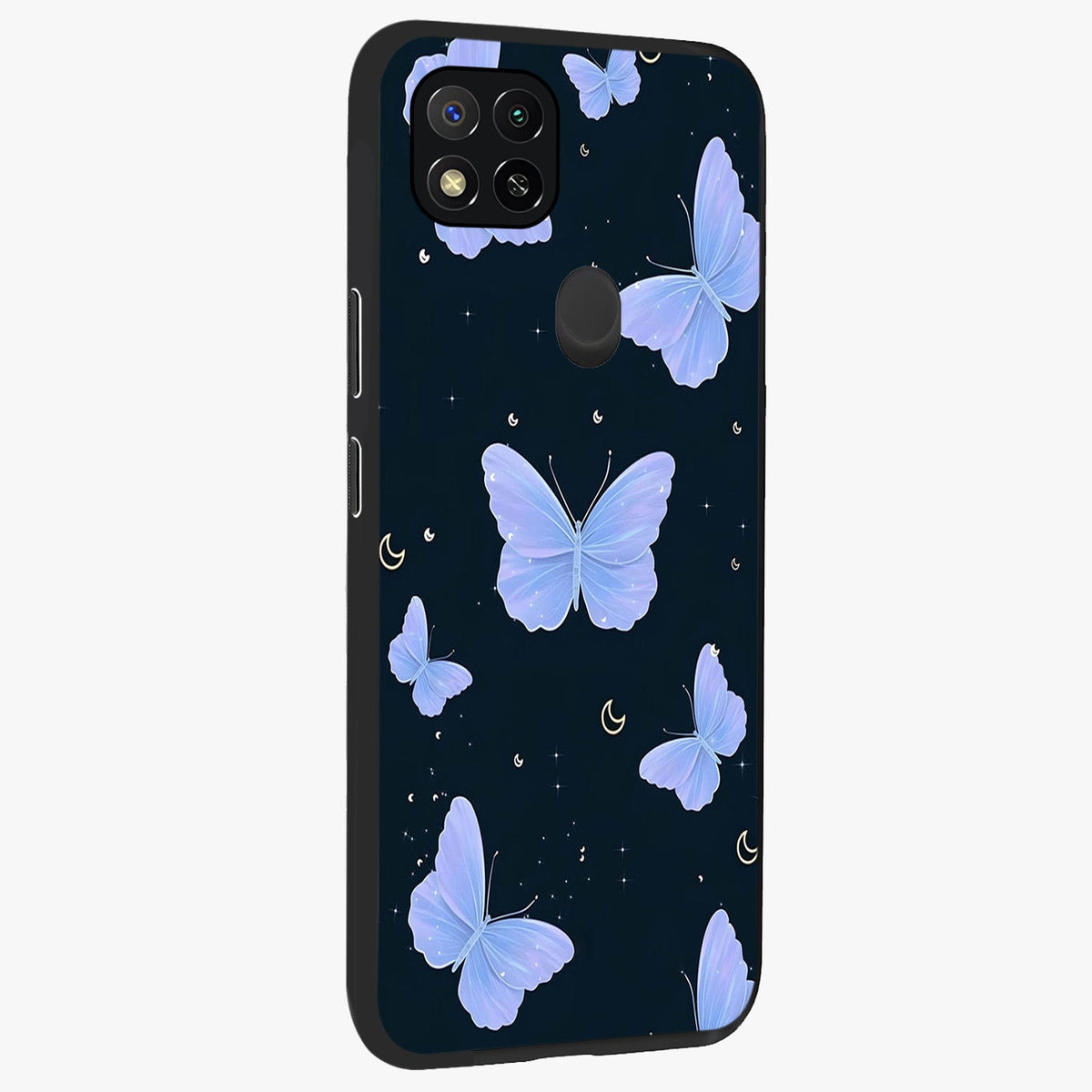 Butterfly With Stars Pattern Glass Case upright view showcasing celestial butterfly artwork with sparkling star elements.