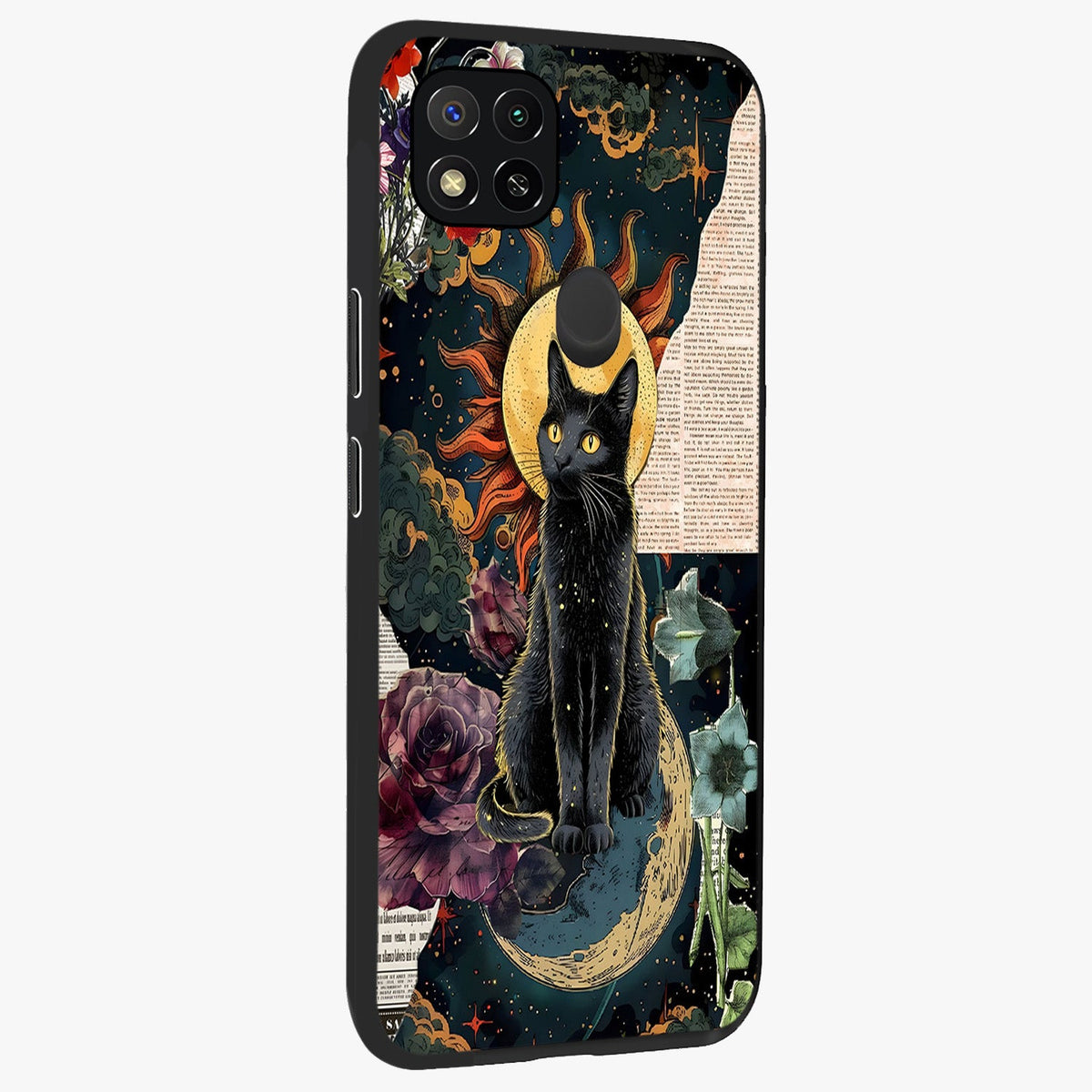 Celestial Black Cat Glass Case upright view showcasing magical black cat illustration with starry cosmic theme.