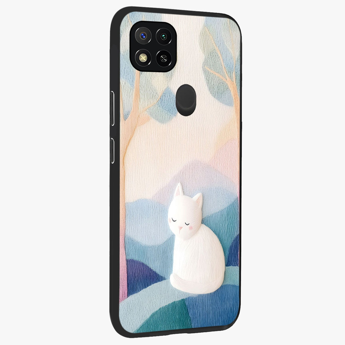 Cotton Dream Cat Glass Case upright view showcasing charming cat artwork with cozy dreamy theme.