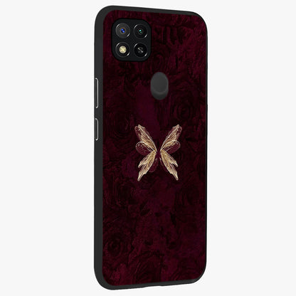 Crimson Fade Butterfly Glass Case upright view showcasing graceful butterfly artwork with soft crimson fade effect.