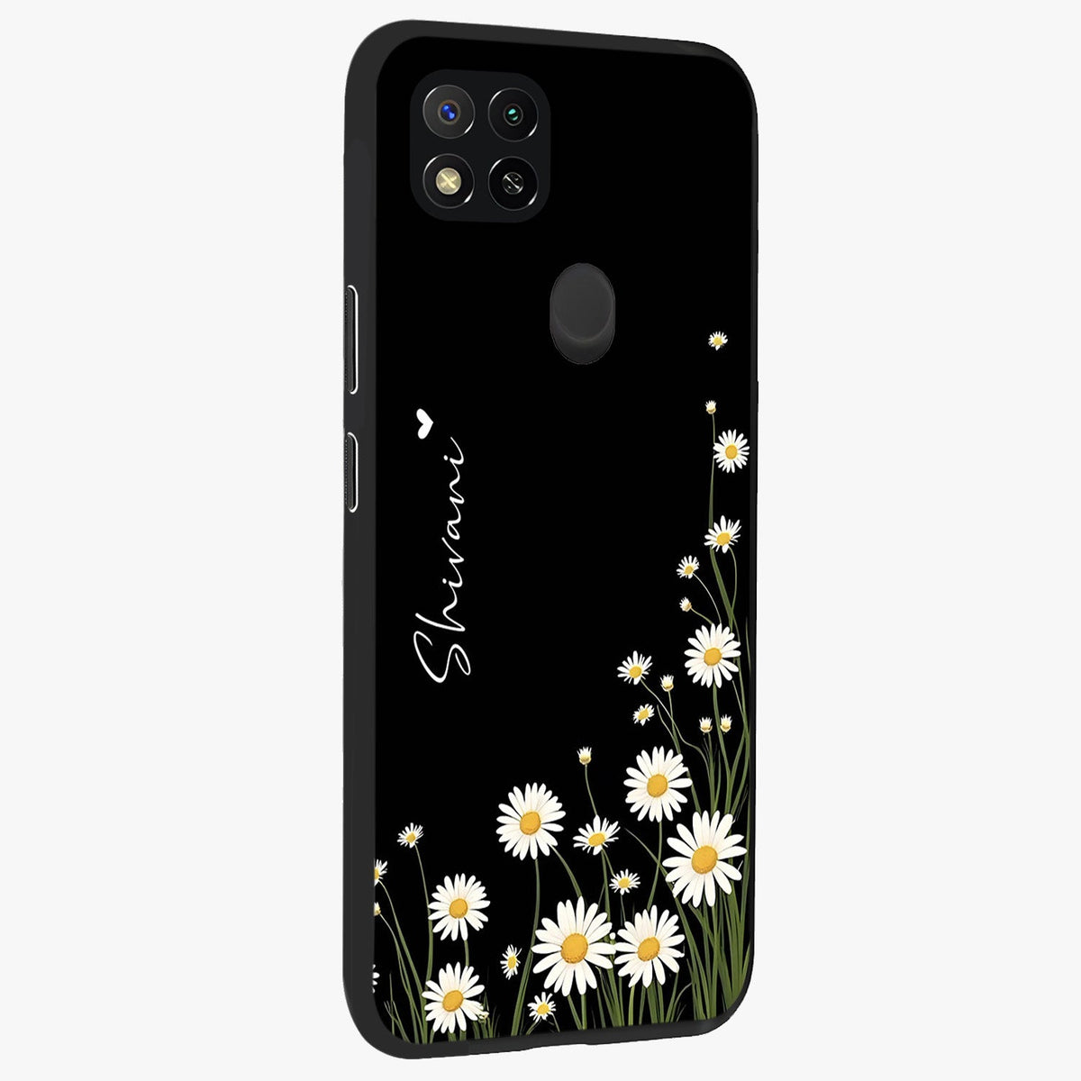 Daisy Cascade Custom Name Glass Case upright view showcasing elegant floral cascade design with personalized aesthetic.