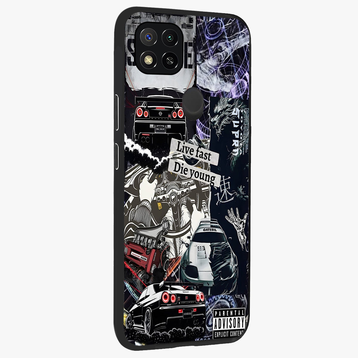 Die Young Glass Case upright view showcasing striking typography artwork with modern statement theme.