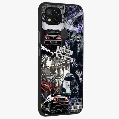 Die Young Glass Case upright view showcasing striking typography artwork with modern statement theme.