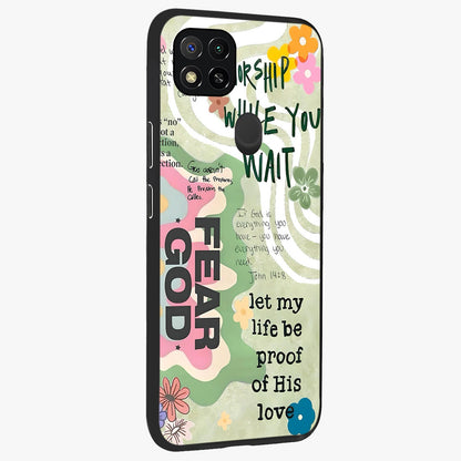 Faith Over Fear Glass Case upright view showcasing bold typography artwork with uplifting motivational theme.