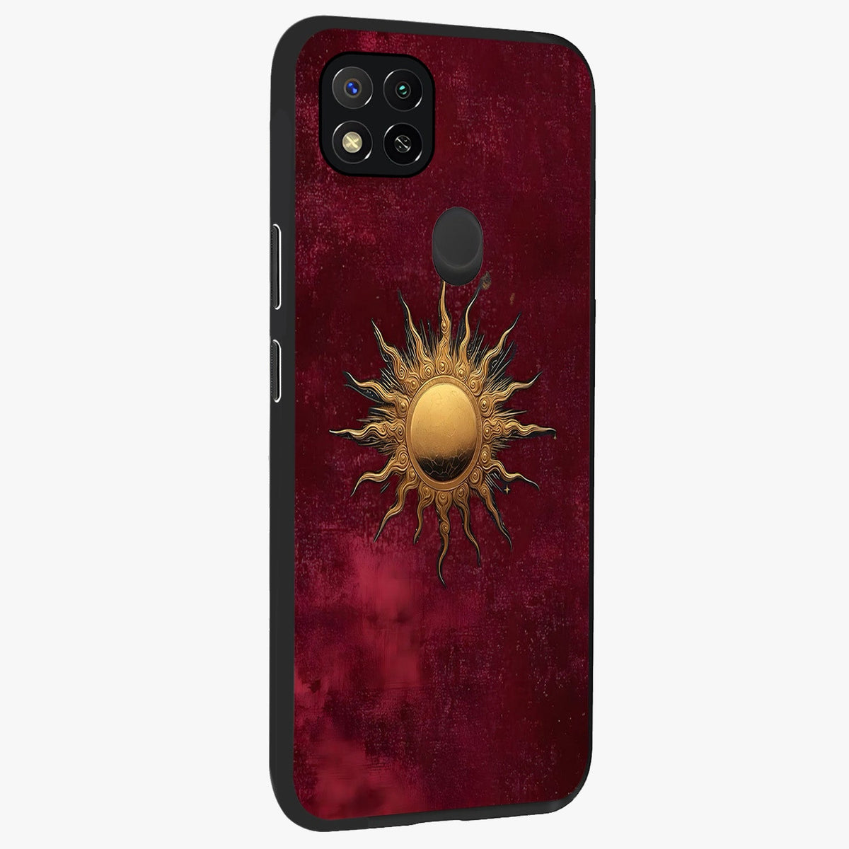 Gold Sun Blush Glass Case upright view showcasing glowing sun artwork with elegant celestial theme.