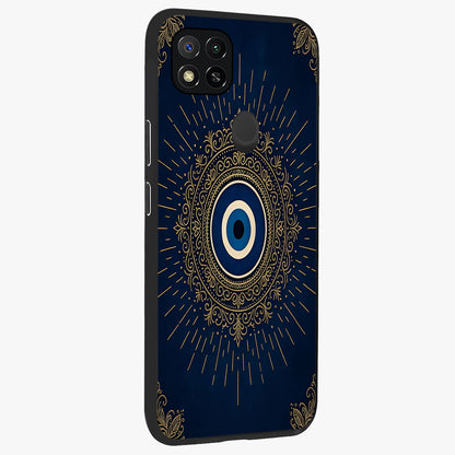 Golden Evil Eye Mandala Glass Case upright view showcasing decorative evil eye mandala artwork with spiritual aesthetic style.