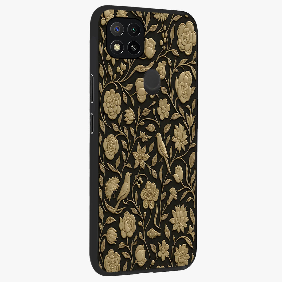 Golden Floral Majesty Glass Case upright view showcasing majestic floral artwork with rich decorative theme.