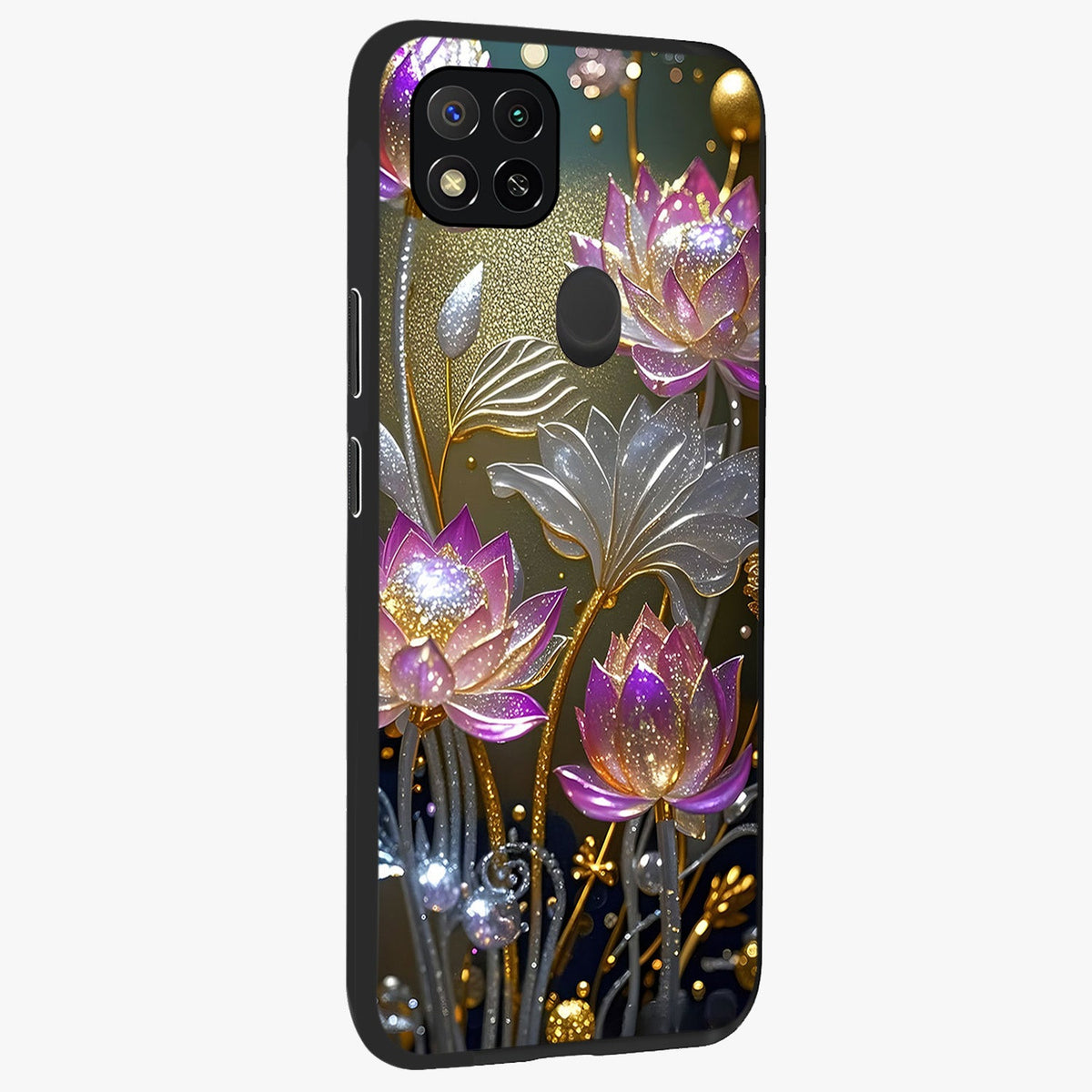 Golden Lotus Glow Glass Case upright view showcasing luminous lotus artwork with peaceful divine theme.