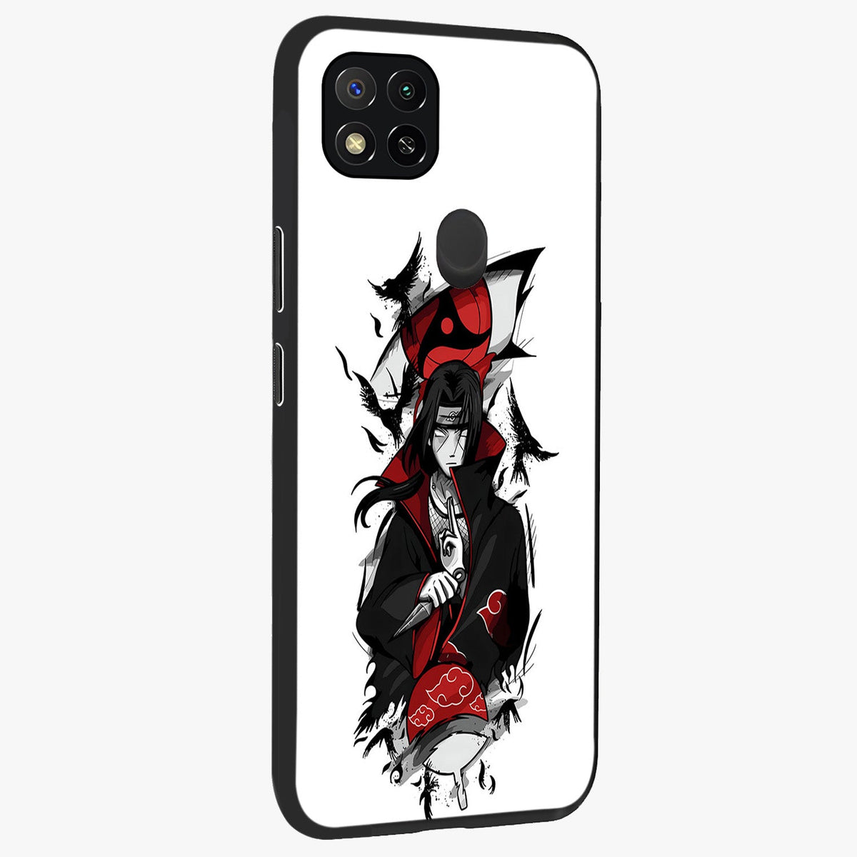 Itachi Sharingan Glass Case upright view showcasing intense anime eye artwork with bold character theme.