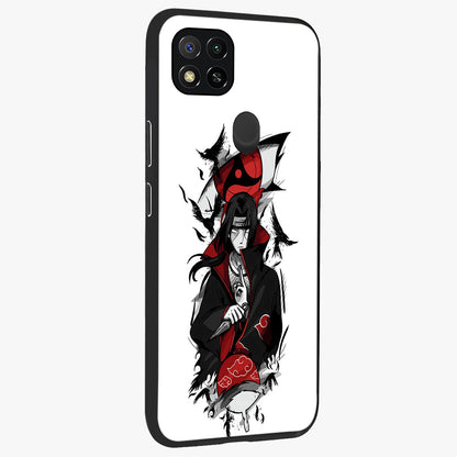 Itachi Sharingan Glass Case upright view showcasing intense anime eye artwork with bold character theme.