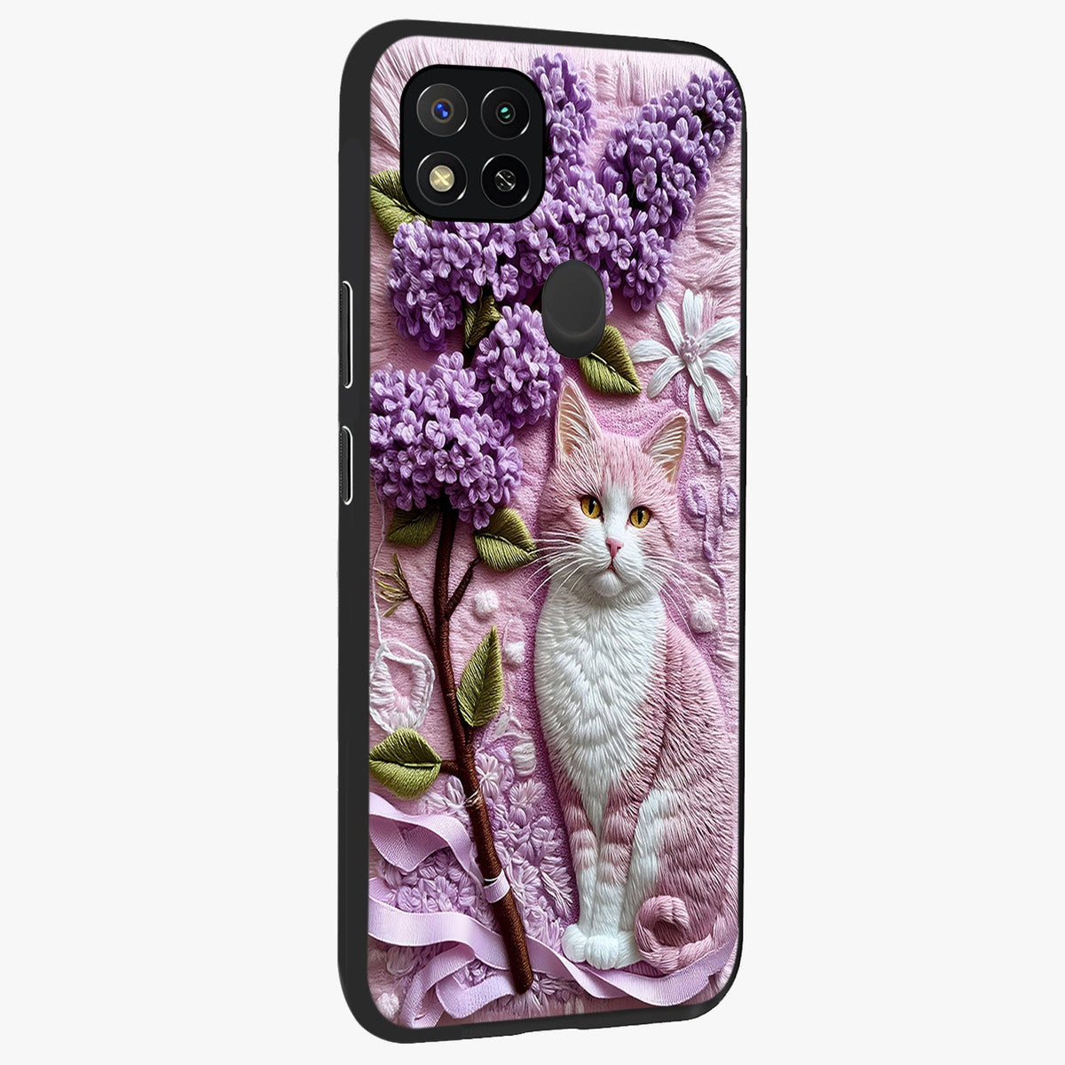 Lavender Cat Whimsy Glass Case upright view showcasing charming cat artwork with whimsical lavender theme.