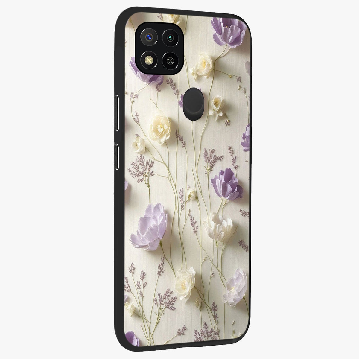 Lilac Breeze Harmony Glass Case upright view showcasing delicate lilac artwork with peaceful floral theme.