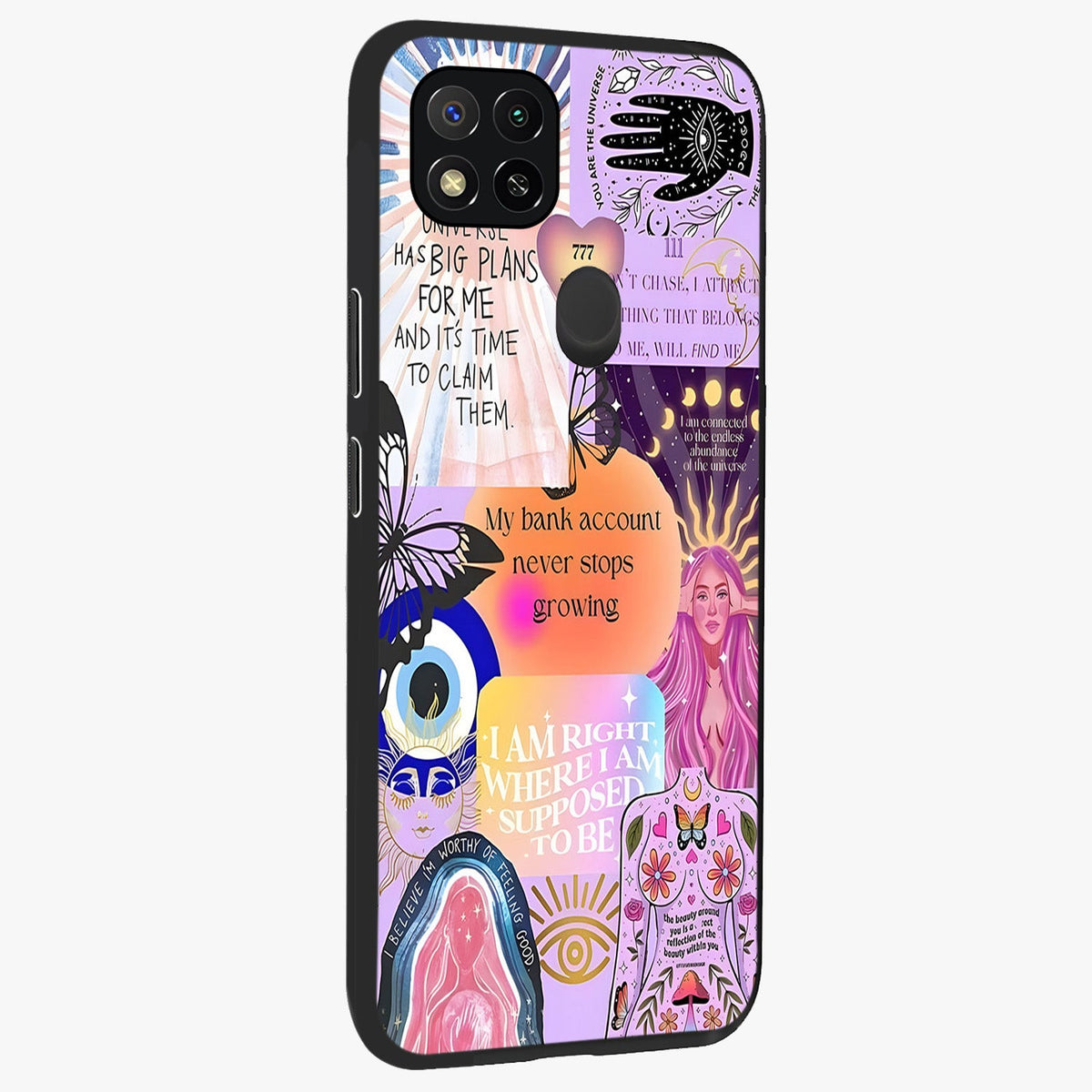 Manifestation Collage Glass Case upright view showcasing artistic manifestation themed artwork with creative style.