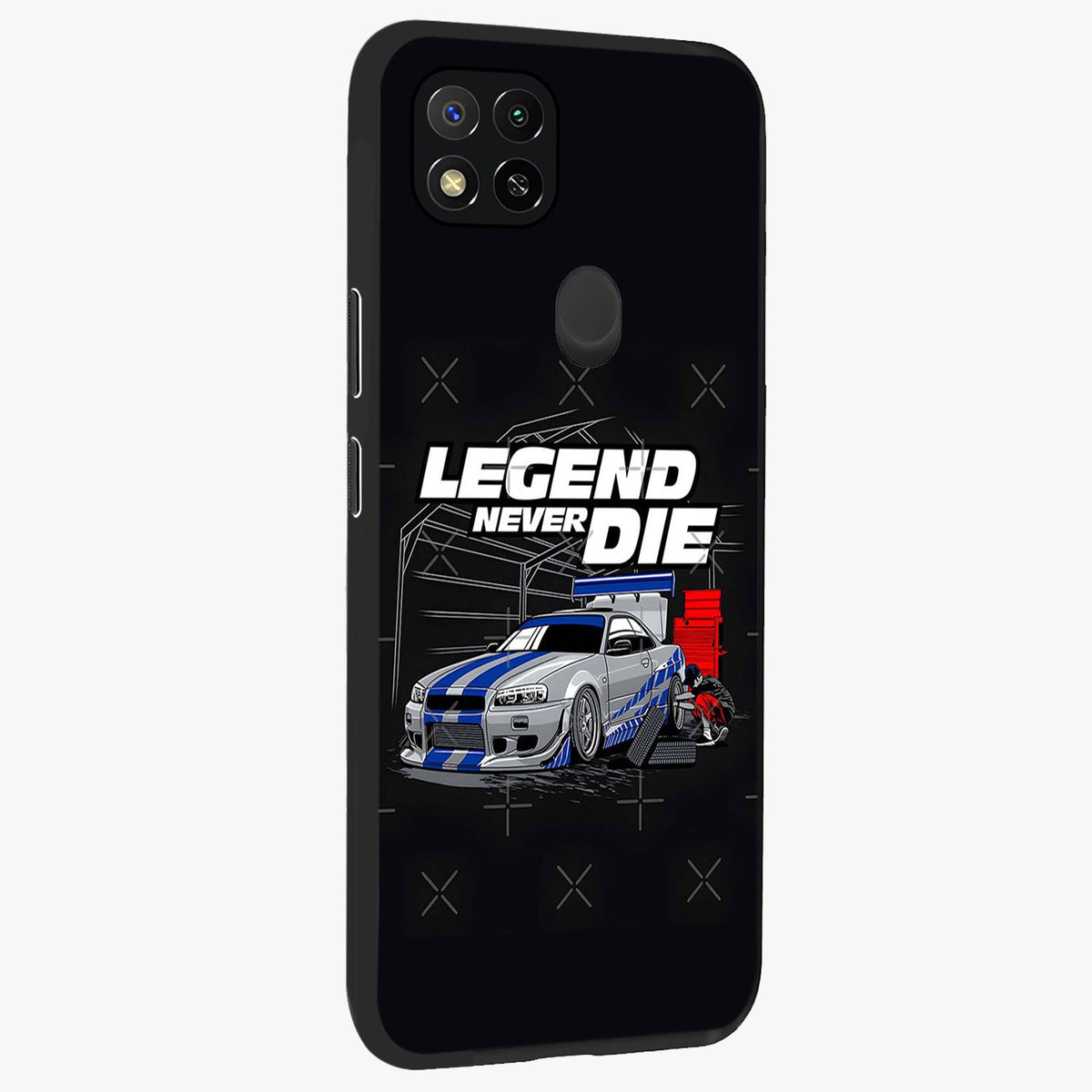 Midnight Racing Legacy Glass Case upright view showcasing powerful racing artwork with modern sports theme.