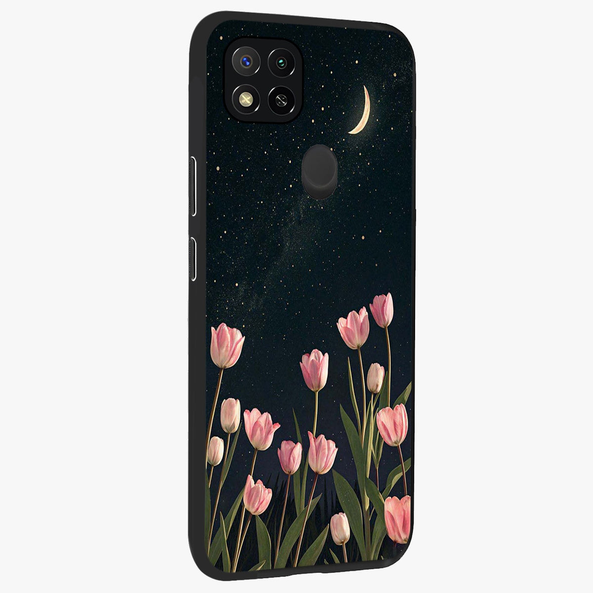 Midnight Tulip Whispers Vibe Glass Case upright view showcasing graceful tulip artwork with calm botanical theme.