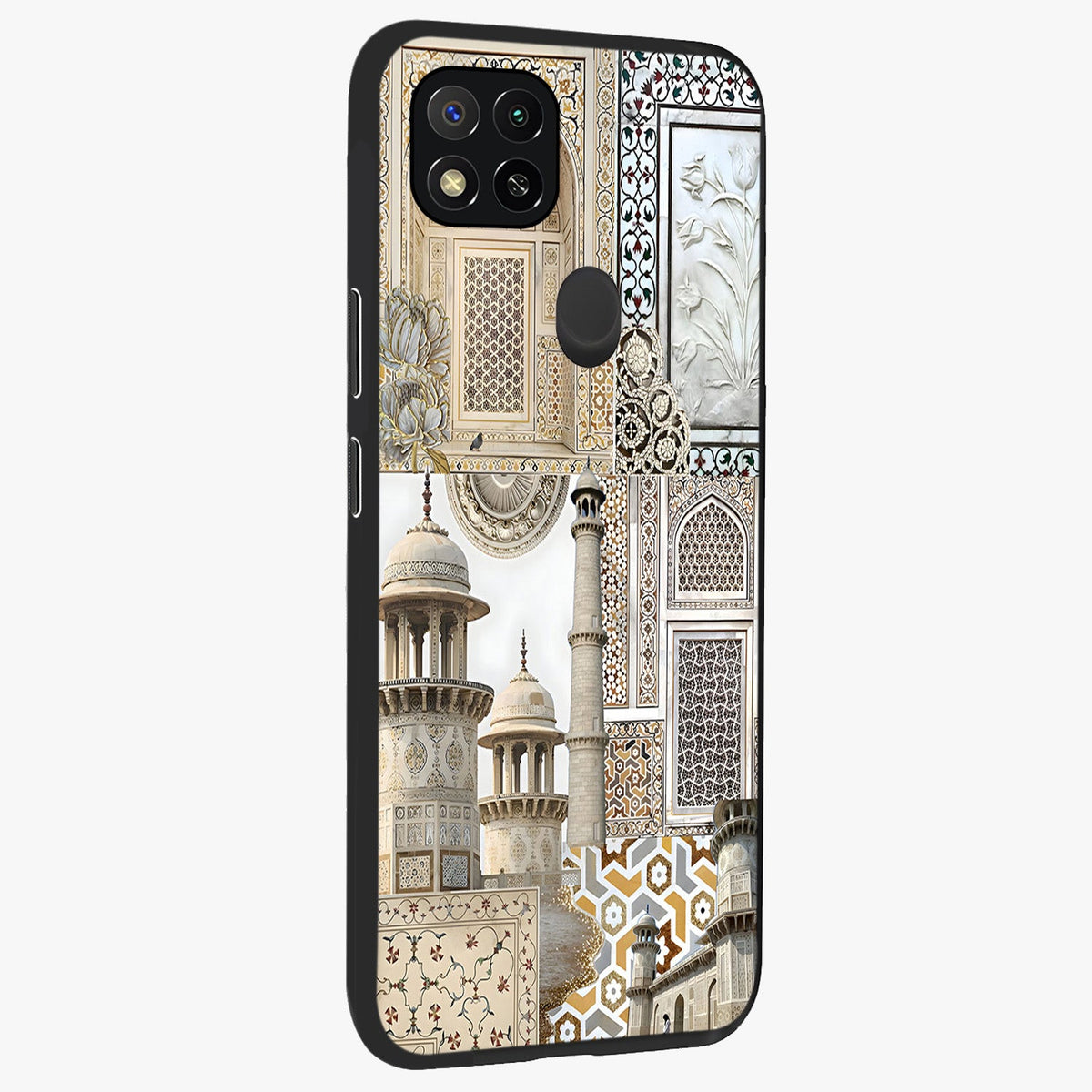 Mughal Marble Legacy Glass Case upright view showcasing ornate Mughal design with luxurious traditional theme.