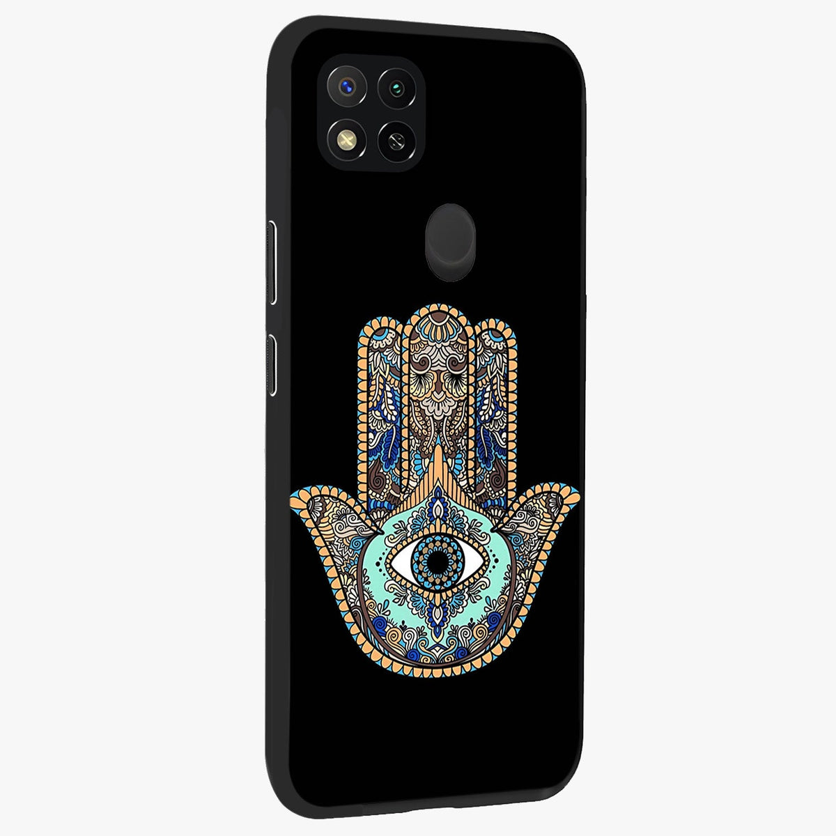 Mystic Hamsa Eye Glass Case upright view showcasing detailed hamsa eye artwork with protective spiritual theme.