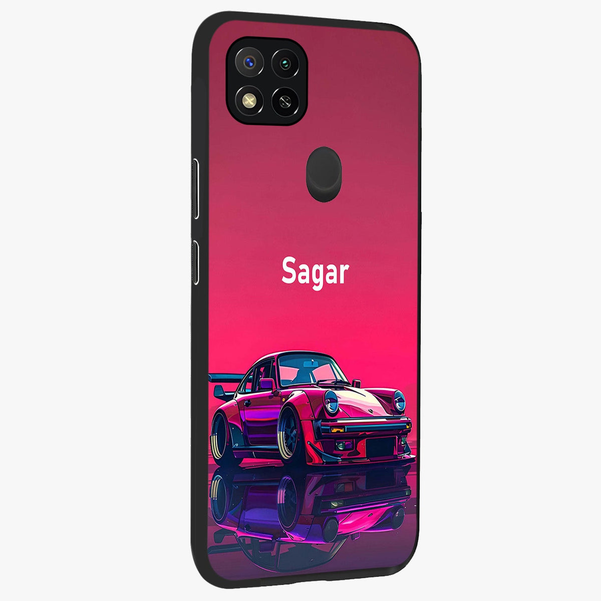 Neon Pink Porsche Glass Case upright view showcasing vibrant sports car artwork with bold automotive theme.