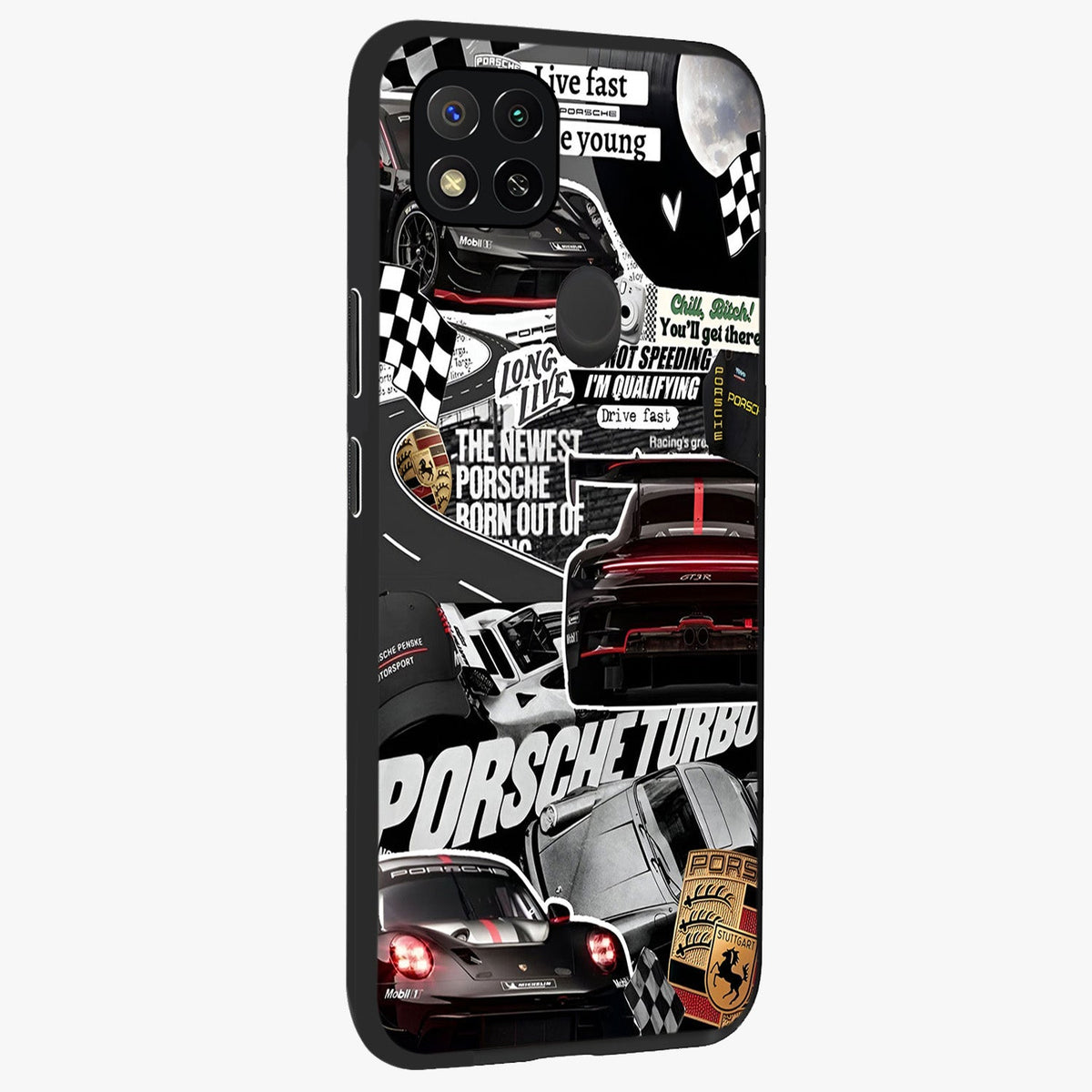 Porsche Racing Collage Glass Case upright view showcasing energetic car collage artwork with high speed racing theme.