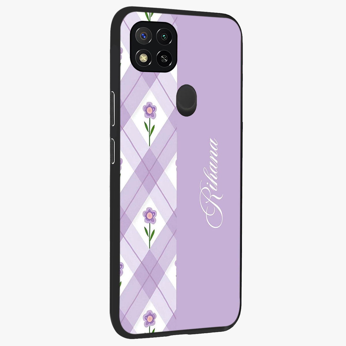 Purple Diamond Floral Glass Case upright view showcasing vibrant floral artwork with stylish geometric theme.