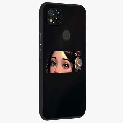 Radha Divine Embrace Glass Case upright view showcasing sacred Radha themed artwork with peaceful devotional style.