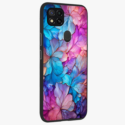 Radiant Floral Whirl Glass Case upright view showcasing lively floral artwork with decorative swirl theme.