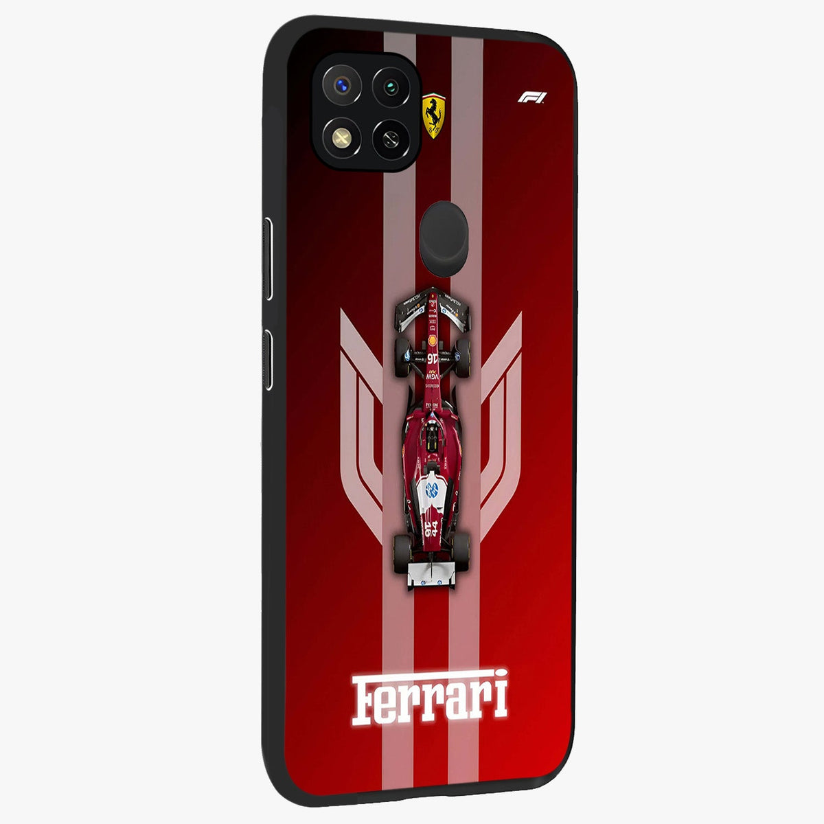 Red Ferrari F1 Vertical Glass Case upright view showcasing powerful Formula car artwork with dynamic motorsport theme.