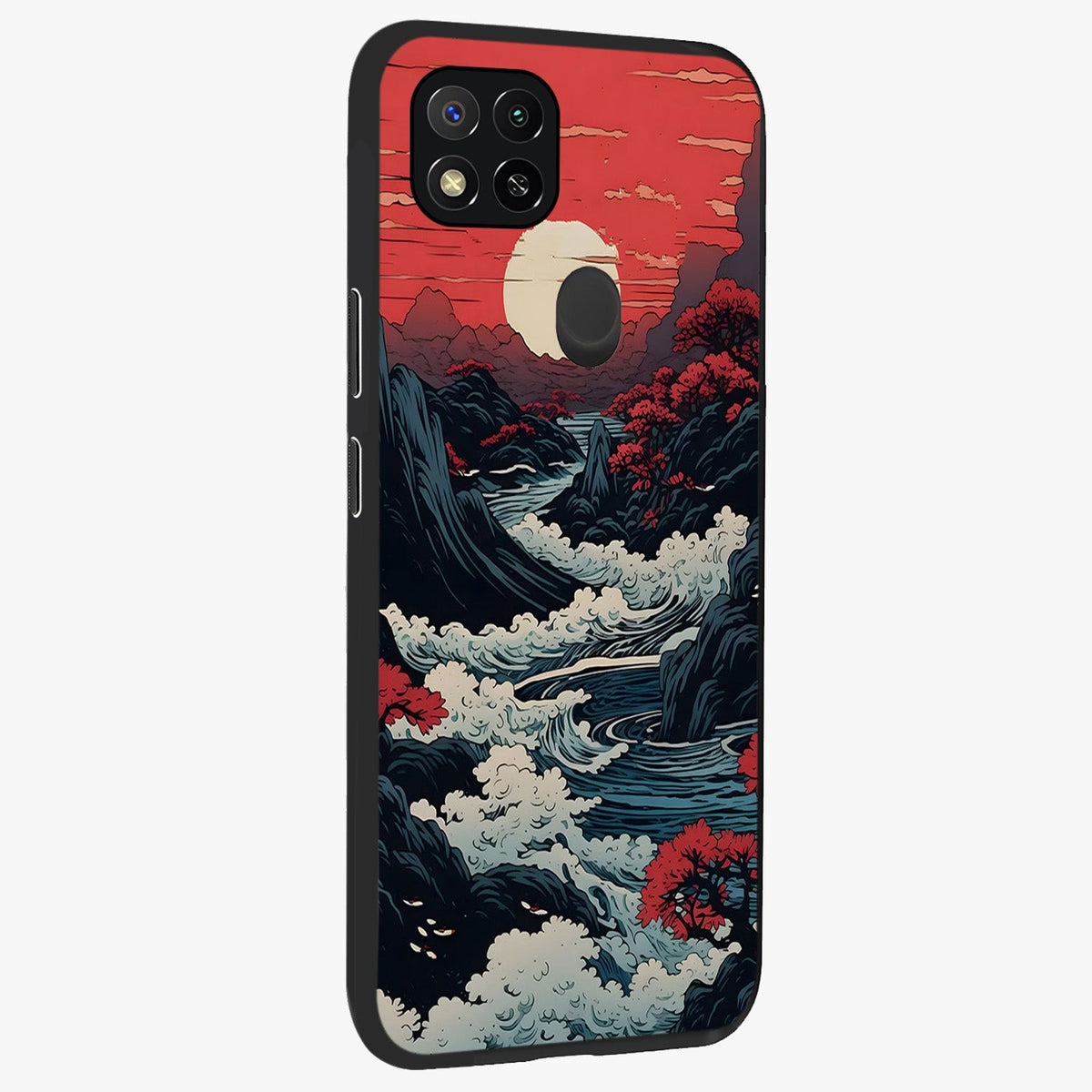 Red Sunset Scenery Glass Case upright view showcasing dramatic sunset scenery artwork with warm nature theme.