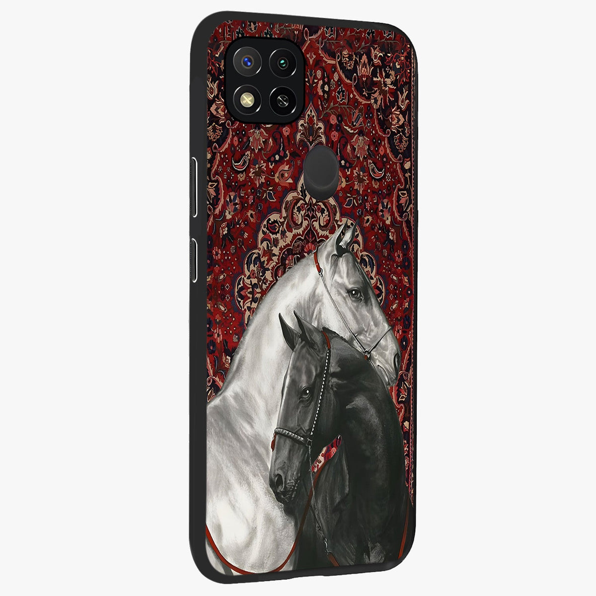 Regal Stallion Tapestry Glass Case upright view showcasing powerful horse artwork with elegant tapestry theme.