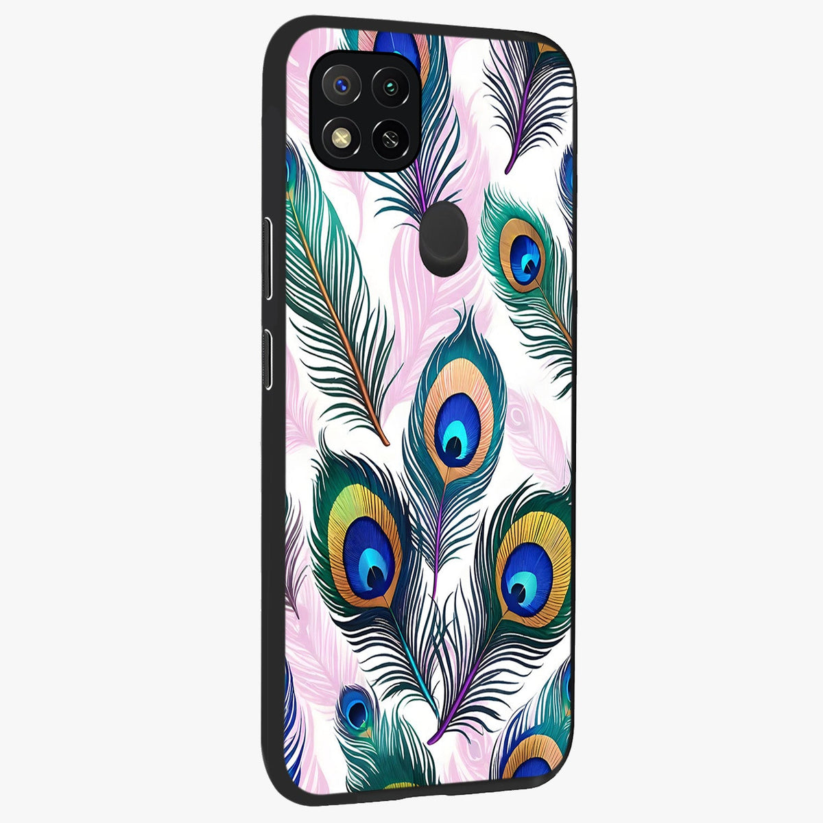 Royal Peacock Feathers Glass Case upright view showcasing elegant peacock feather artwork with decorative royal theme.