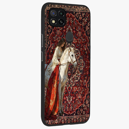 Royal Rider Tapestry Glass Case upright view showcasing detailed rider artwork with classic tapestry theme.