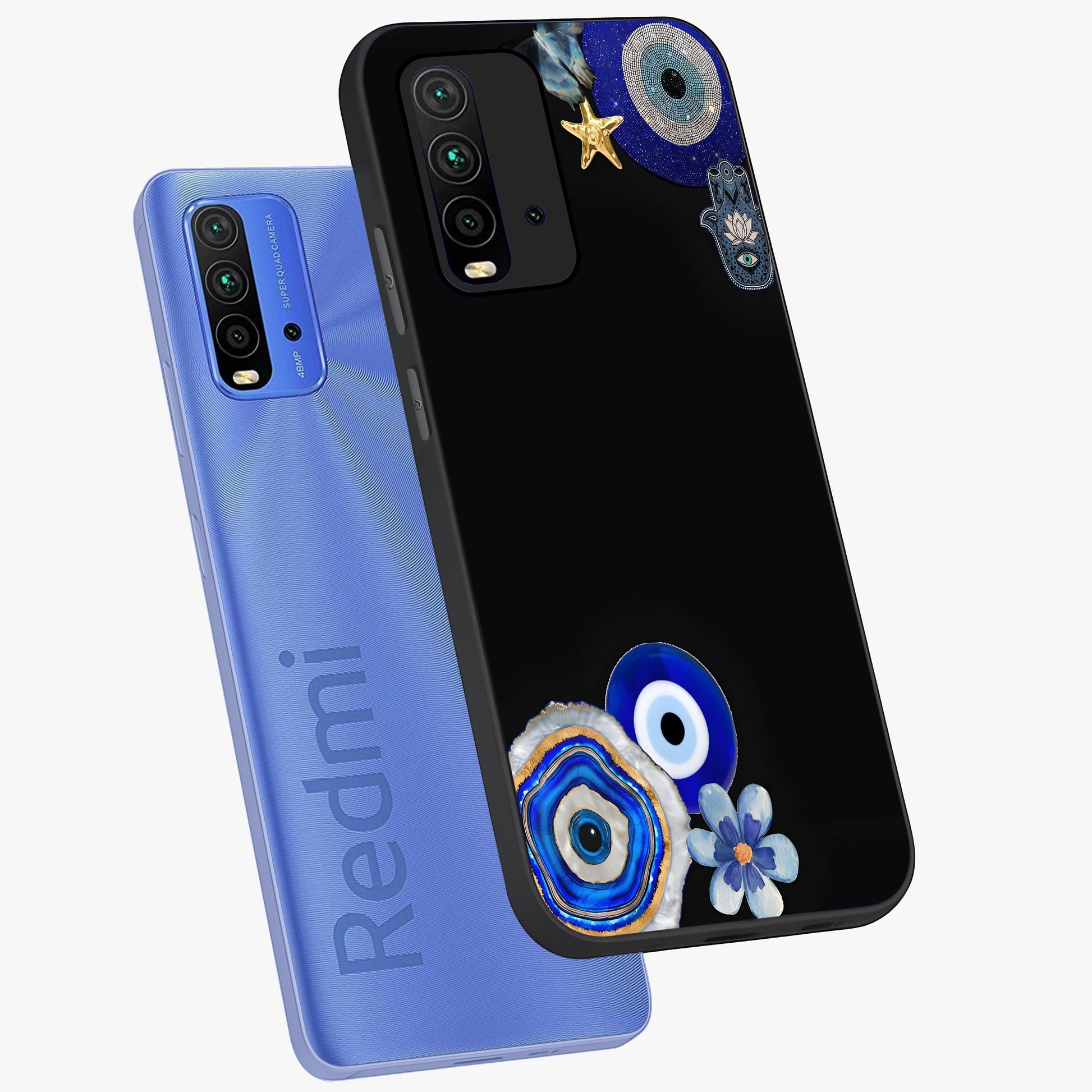 Aesthetic Blue Evil Eye Glass Case displayed in angled mockup highlighting blue evil eye symbol and spiritual aesthetic design.