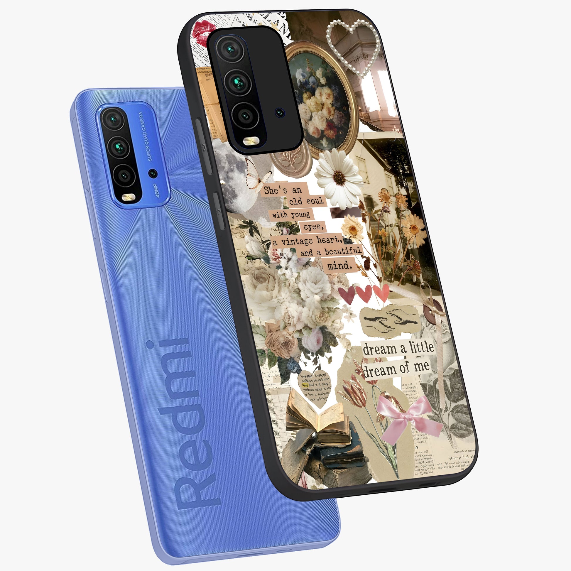 Aesthetic Brown Vintage Collage Glass Case displayed in angled mockup highlighting vintage aesthetic collage design.