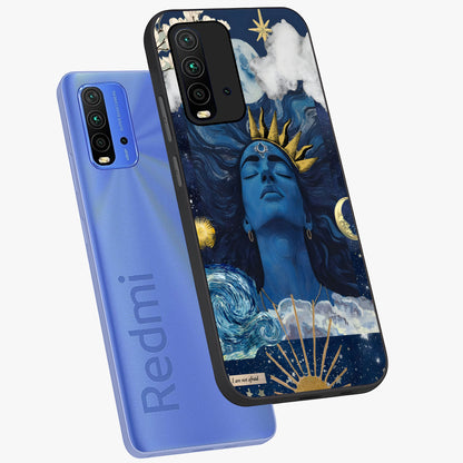 Aesthetic Lord Shiva Glass Case displayed in angled mockup highlighting spiritual Shiva illustration and sacred aesthetic design.