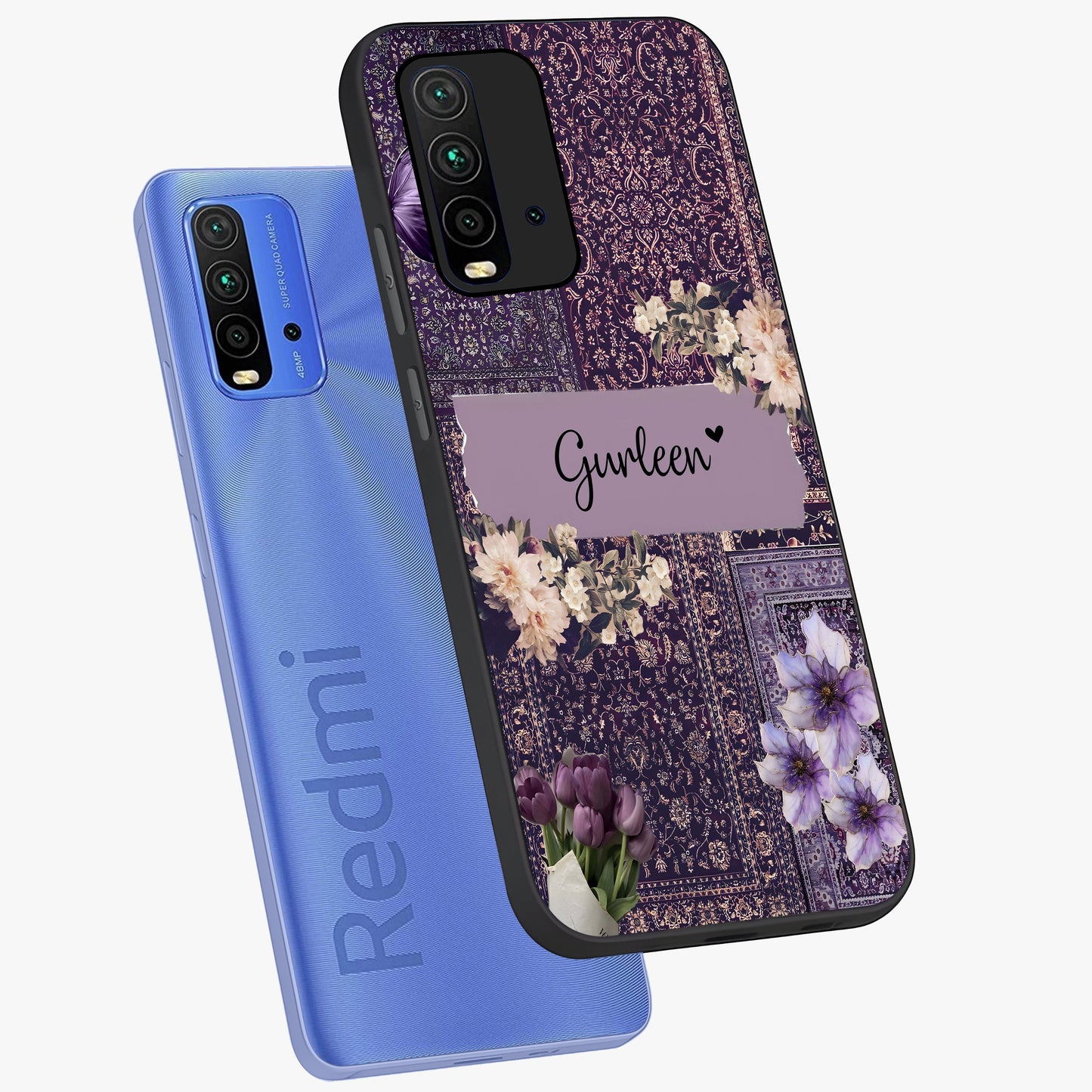 Antique Floral Whisper Custom Name Glass Case displayed in angled mockup highlighting elegant antique floral aesthetic.