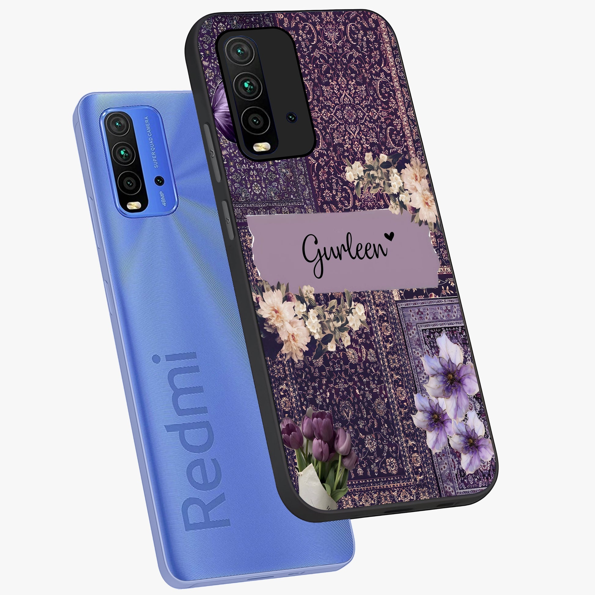 Antique Floral Whisper Custom Name Glass Case displayed in angled mockup highlighting elegant antique floral aesthetic.