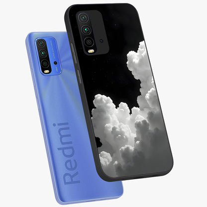 Black Background With White Cloud Glass Case displayed in angled mockup highlighting soft white cloud illustration and minimal design.