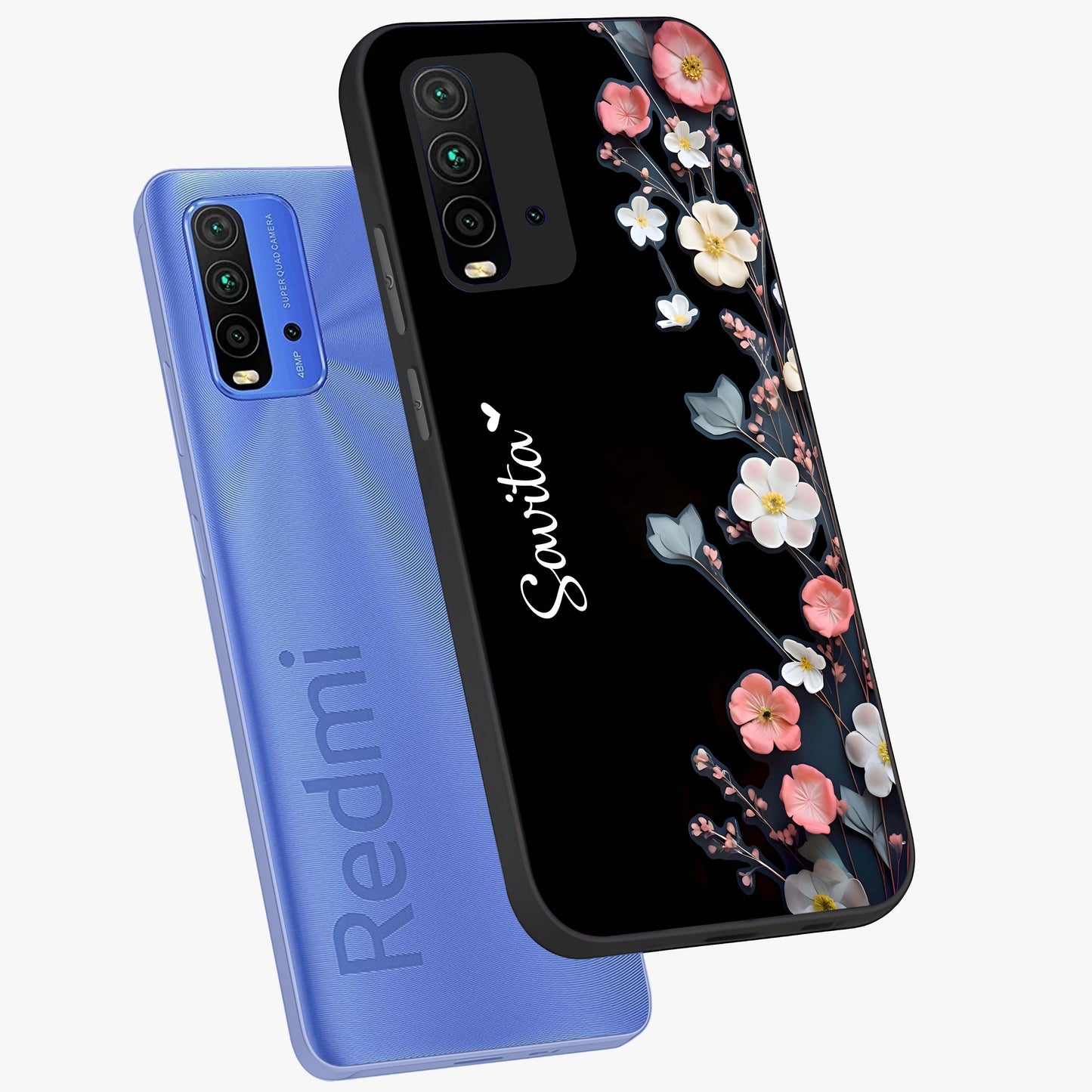 Black Elegance Floral Custom Name Glass Case displayed in angled mockup highlighting dark floral aesthetic and custom name feature.