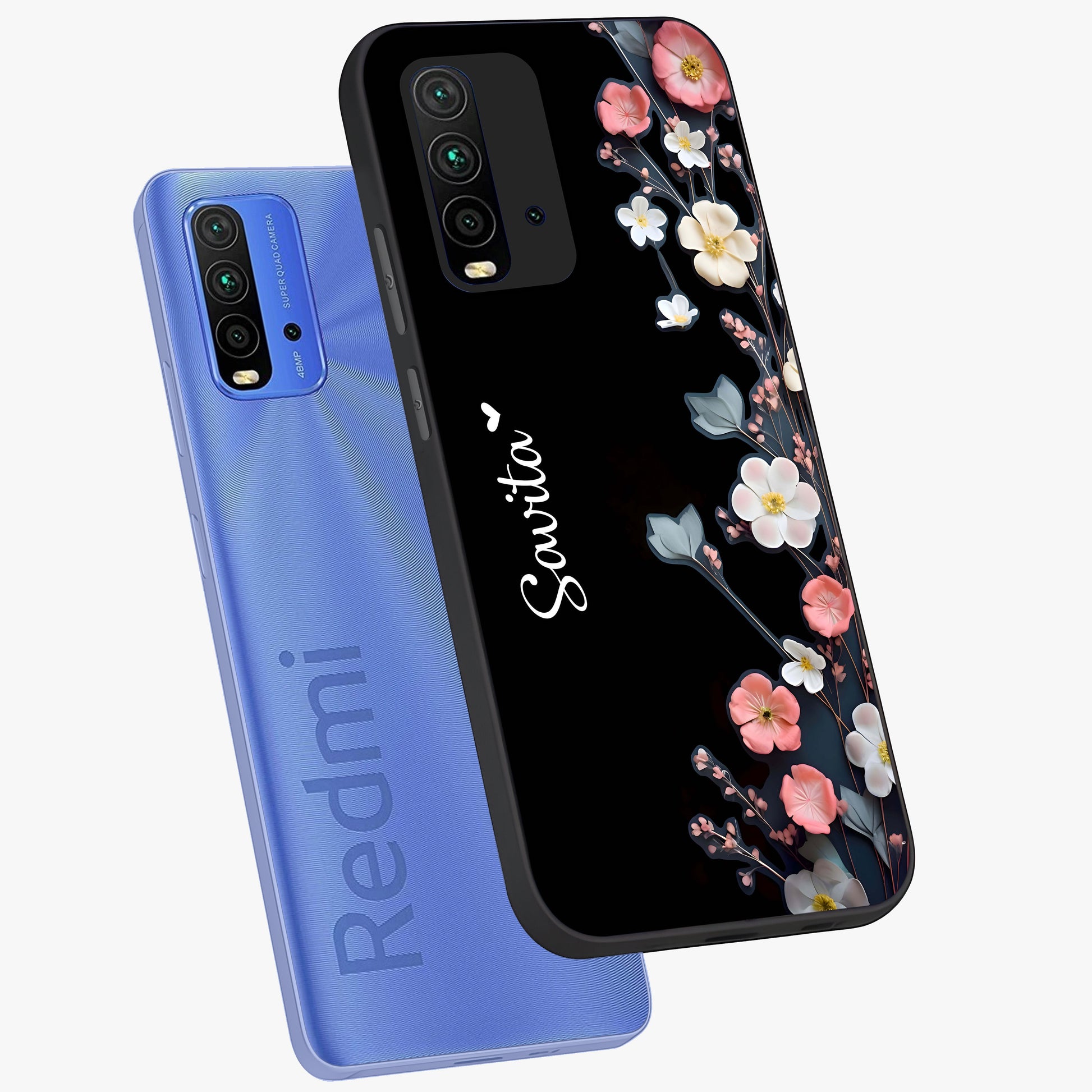 Black Elegance Floral Custom Name Glass Case displayed in angled mockup highlighting dark floral aesthetic and custom name feature.