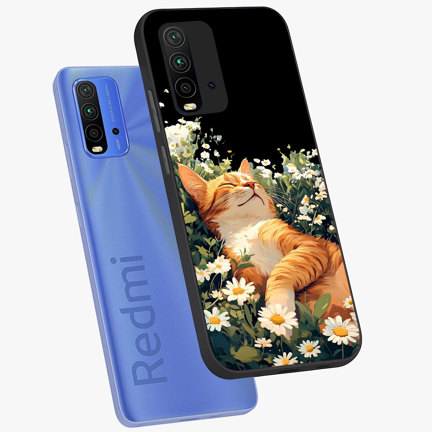 Blissful Bloom Cat Glass Case displayed in angled mockup highlighting playful feline illustration with soft floral aesthetic.