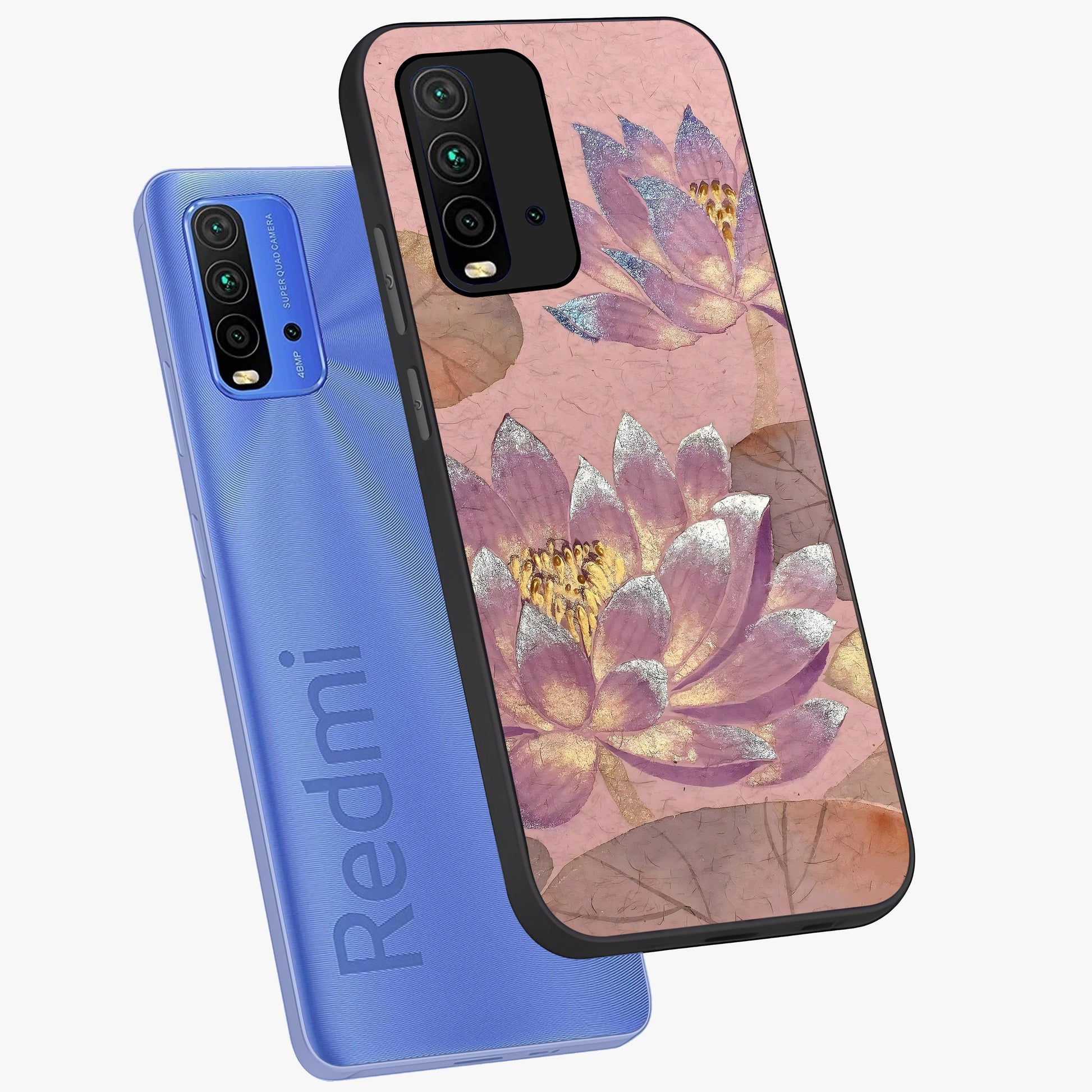 Blossom Mist Lotus Glass Case displayed in angled mockup highlighting delicate lotus illustration with calm aesthetic theme.