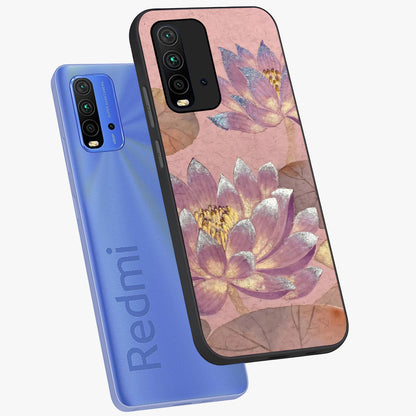 Blossom Mist Lotus Glass Case displayed in angled mockup highlighting delicate lotus illustration with calm aesthetic theme.