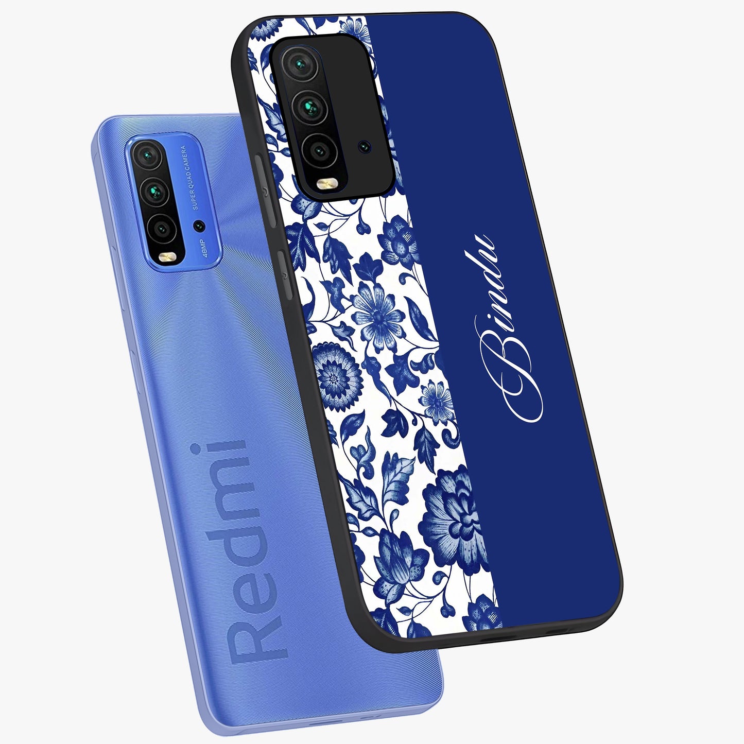 Blue Vintage Floral Pattern Glass Case displayed in angled mockup highlighting subtle bloom pattern with aesthetic pastel design.
